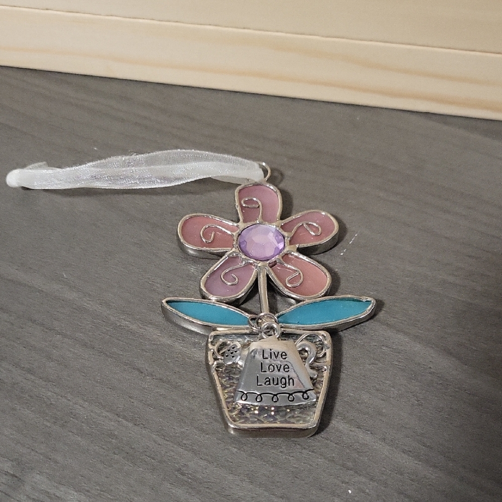 Ganz Stained Glass Suncatcher Flower Pot with metal Charm